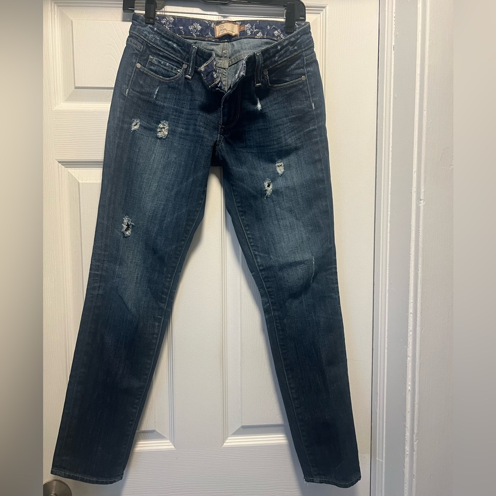 Paige Skyline Ankle Peg Jeans, Size 27, Dark distressed denim